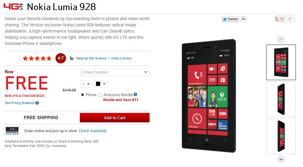Deal alert: Nokia Lumia 928 free on Verizon website with 2-year agreement