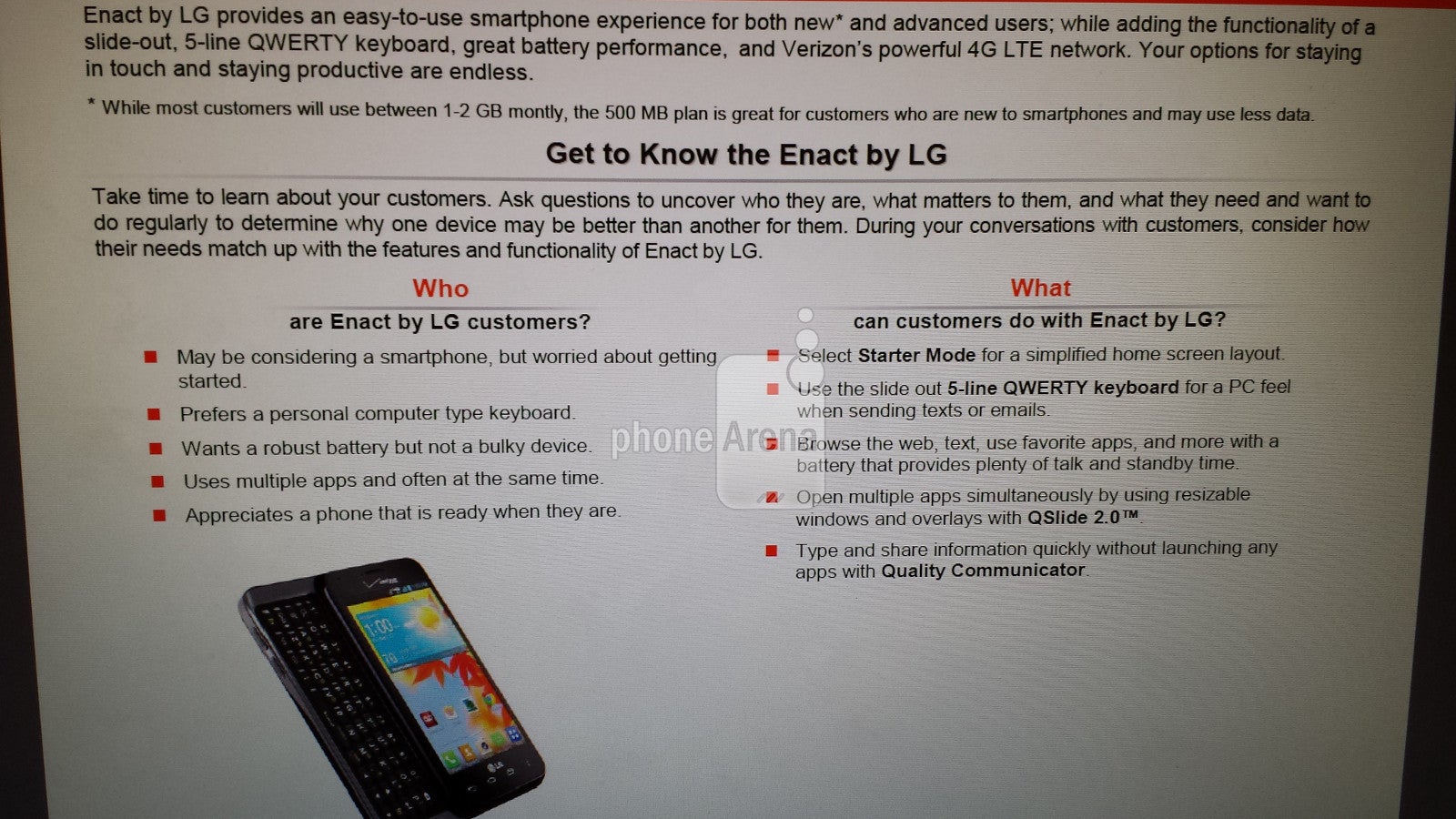 Leaked document about the VZW Enact by LG - LG Enact, LG Exalt, Kyocera Hydro Elite and Samsung Convoy 3 to arrive at Verizon by September 15
