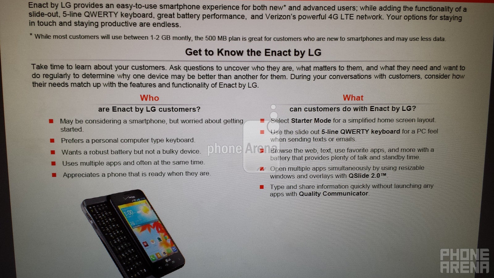 Leaked document about the VZW Enact by LG - LG Enact, LG Exalt, Kyocera Hydro Elite and Samsung Convoy 3 to arrive at Verizon by September 15