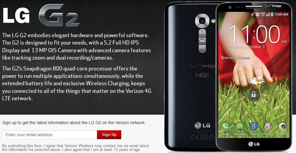 Verizon&#039;s signup page for the LG G2 is live