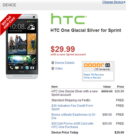 Get the HTC One, urBeats headphones and a $50 Dell gift card for under $30 - Sprint HTC One just $29.99 with Beats headphones and $50 Dell gift card