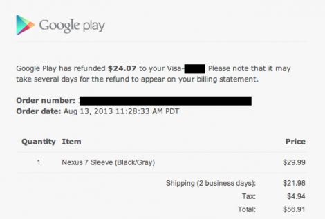 Google is refunding the shipping costs and sales tax for those who purchased the Nexus 7 Sleeve and paid a ridiculously high shipping fee - Google sends out emails to announce that it is refunding shipping costs for the Nexus 7 Sleeve