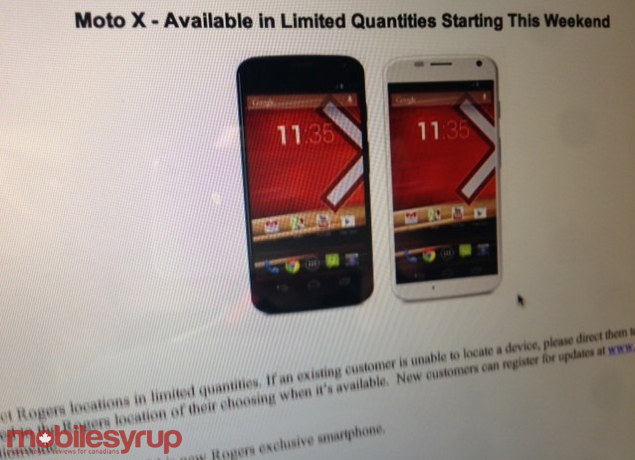 This leaked document, confirmed by Rogers, says that the Canadian carrier is selling a limited number of Motorola Moto X units this weekend - Rogers confirms that it is selling limited quantities of the Motorola Moto X this weekend