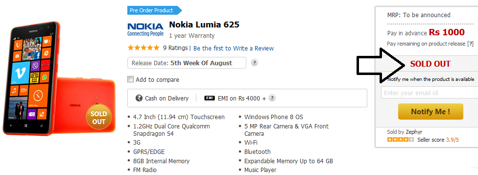 India's Snapdeals has sold out the Nokia Lumia 625 while accepting pre-orders for the device - Pre-orders for Nokia Lumia 625 sell out on India's Snapdeals