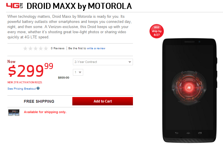 The Motorola DROID MAXX can now be ordered online from Verizon - Verizon now taking online orders for the Motorola DROID ULTRA and Motorola DROID MAXX