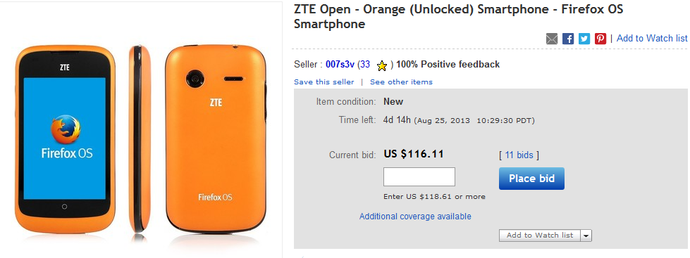 The Firefox OS powered  ZTE Open is up for bids on eBay - Low priced ZTE Open, powered by the Firefox OS, up for bids on eBay