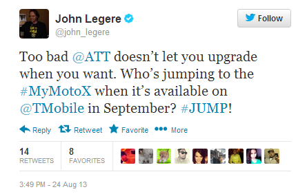 T-Mobile CEO Joghn Legere's tweet - Legere tweets news about September Motorola Moto X launch on T-Mobile; support page posted