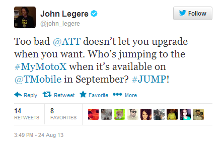 T-Mobile CEO Joghn Legere&#039;s tweet - Legere tweets news about September Motorola Moto X launch on T-Mobile; support page posted