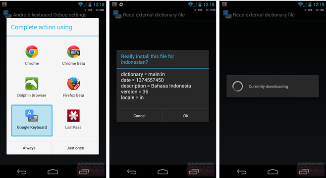 Screenshots from Google Keyboard which now supports external dictionary packs - Google Keyboard gets updated to version 1.1 in the Google Play Store