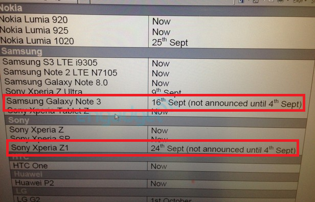 Leaked inventory information shows launch date for the Samsung Galaxy Note III and the Sony Xperia Z1 for U.K. carrier Three - U.K. carrier Three to launch Samsung Galaxy Note III on Sep 16, Sony Xperia Z1 on September 24th