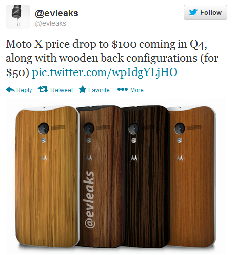 Evleaks tweets about a price cut for the Moto X - Motorola Moto X to drop to $100 in Q4?