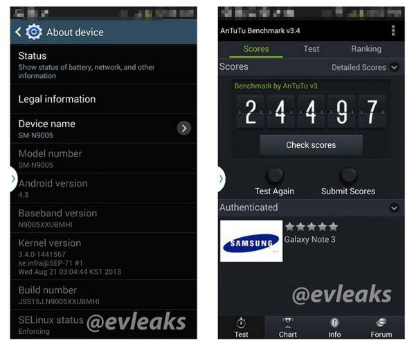 The About Device screen (L) and an AnTuTu score for the Samsung Galaxy Note III - Latest specs for Samsung Galaxy Note III show phablet will have 2.5GB of RAM