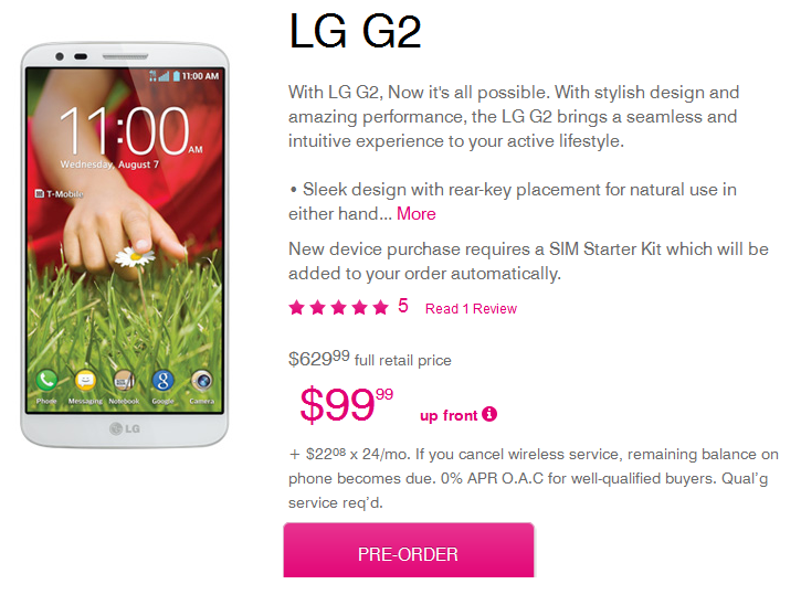T-Mobile is taking pre-orders for the LG G2 - LG G2 release dates and pricing for T-Mobile, AT&amp;T and Verizon