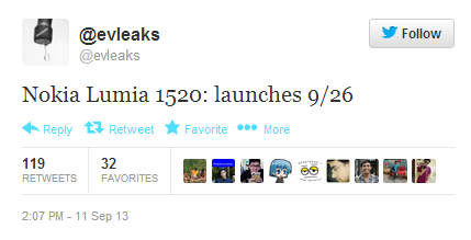 Tweet from evleaks calls for September 26th unveiling of Nokia Lumia 1520 - Nokia Lumia 1520 phablet now tipped to be introduced on September 26th