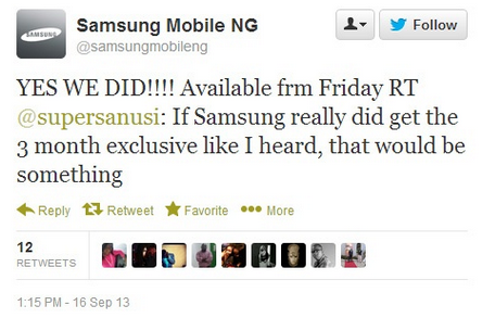 Tweet from Samsung Nigeria confirms the OEM's exclusive three month period with BBM - Tweet reveals that Samsung gets 3 month exclusive on BBM, service starts Friday