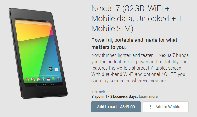 The Google Nexus 7 4G LTE for AT&amp;amp;T and T-Mobile (shown) is now available - Google Nexus 7 4G LTE models launched with AT&amp;T, T-Mobile connectivity