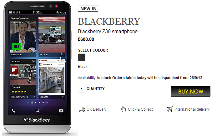 Pre-order the BlackBerry Z30 from U.K. retailer Selfridges - BlackBerry Z30 stars in official video; available in U.K. as early as September 26th