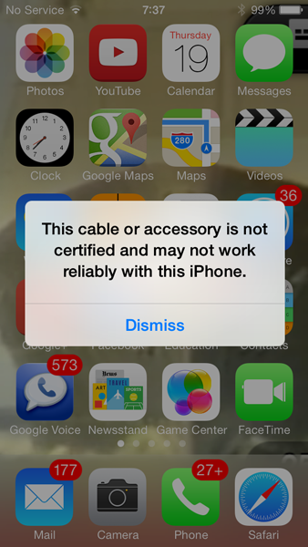 If you use an unauthorized charger with iOS 7, you should see this warning - Apple blocks unauthorized Lightning cables with iOS 7