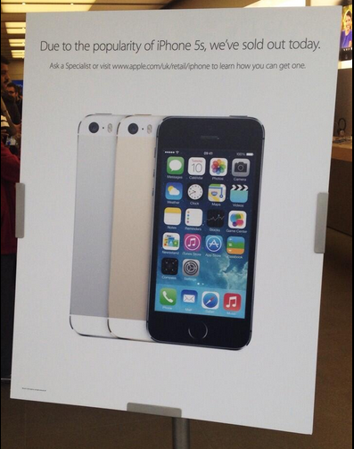 Apple Store in the U.K. sells out of the Apple iPhone 5s - At least one U.K. Apple Store sells out of the Apple iPhone 5s