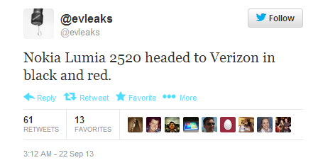 Tweet from evleaks passes on more info about the Nokia Lumia 2520 tablet - Tweet states Nokia Lumia 2520 tablet is coming to Verizon with an October release date