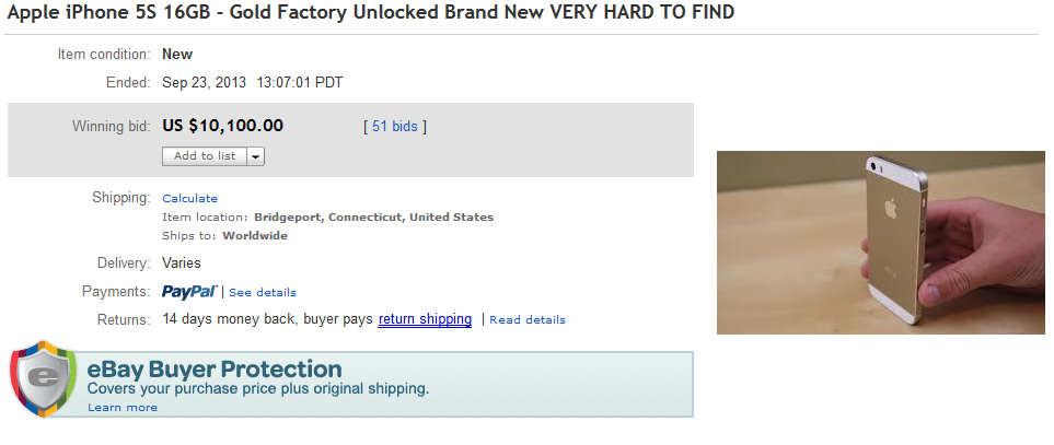 Apple iPhone 5s in gold sells for $10,100 on eBay - Gold Apple iPhone 5s goes for $10,100 on eBay