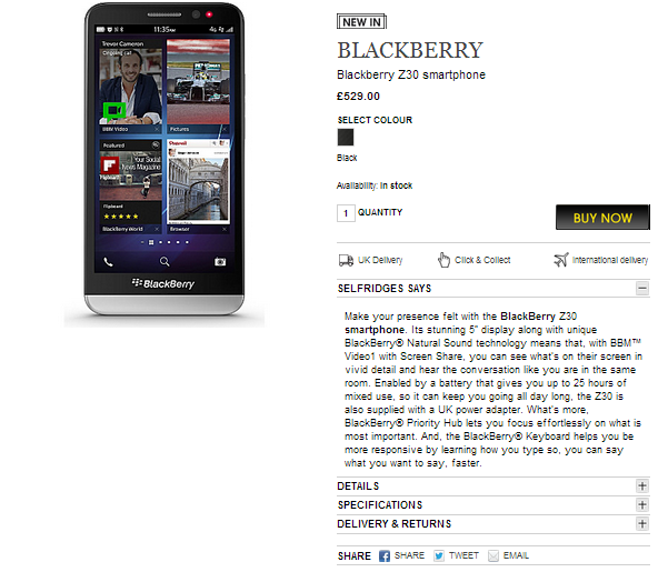 The BlackBerry Z30 can be purchased from Selfridges in the U.K. - Life goes on: BlackBerry Z30 launches in the U.K. with international shipping