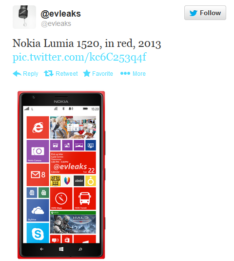Nokia Lumia 1520 in red - It's red, large and in charge; press render of Nokia Lumia 1520 tweeted