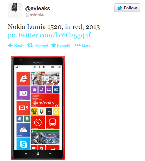 Nokia Lumia 1520 in red - It&#039;s red, large and in charge; press render of Nokia Lumia 1520 tweeted