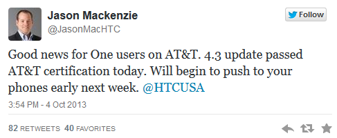 Tweet from HTC America's president says that the Android 4.3 update for AT&amp;T's HTC One will be pushed out early next week - AT&T's Android 4.3 update for HTC One gets certified; update coming next week