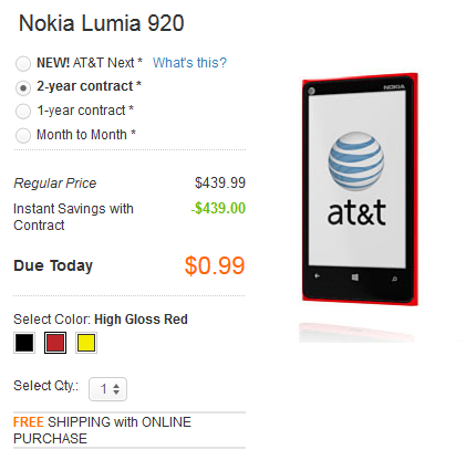 Nokia Lumia 920 is now 99 cents on contract at AT&amp;T - Nokia Lumia 920 drops to 99 cents at AT&T with a two-year pact