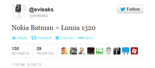 A tweet from evleaks tells us that a Nokia Batman phone is coming - No Joker; tweet outs Nokia Lumia 1320 as the Nokia Batman