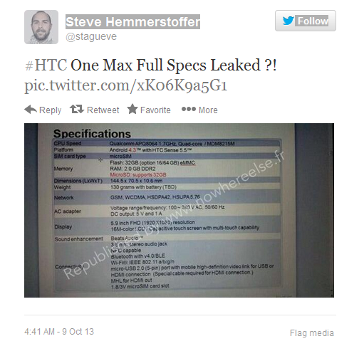 Tweet leaks the complete specs for the HTC One Max? - HTC One Max specs confirmed with new leak