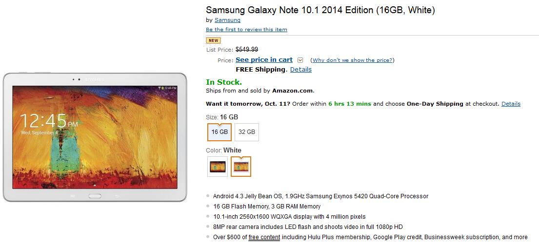 The Samsung Galaxy Note 10.1-2014 edition is available at Amazon - Wi-Fi version of the Samsung Galaxy Note 10.1-2014 edition is released