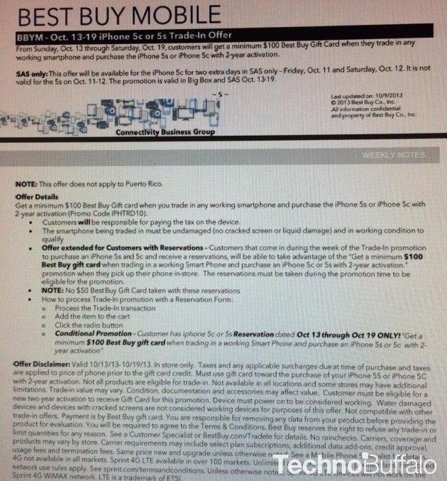 Leaked document reveals Best Buy&#039;s trade-in offer for the new Apple iPhone models - Rumored deal has Best Buy giving you $100 for your trade toward an Apple iPhone 5s or iPhone 5c