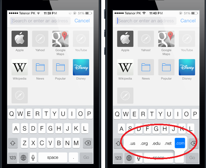 A long press on the period will bring back the .com button on iOS 7 - Finding the .com button on iOS 7