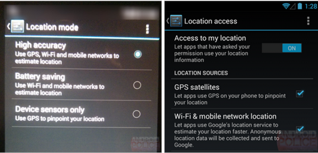 Comparing the new Location settings supposedly on Android 4.4 (L) with the current set up on Android 4.3 - Screenshots show new Location settings for Android 4.4