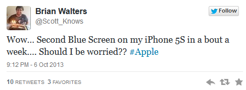 Tweet reports Blue Screen of Death on the Apple iPhone 5s - Watch as an Apple iPhone shows the &quot;Blue Screen of Death&quot;