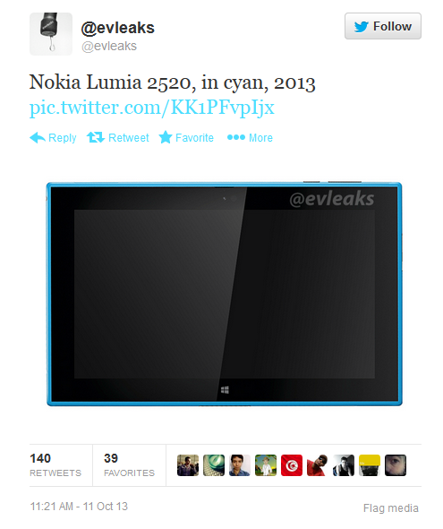 Tweet shows off a cyan colored Nokia Lumia 2520 - Nokia Lumia 2520 shows up wearing cyan in new picture