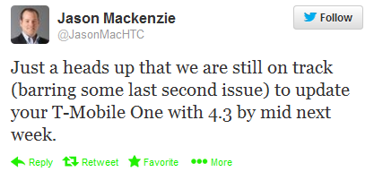 The tweet that launched smiles around the country - T-Mobile HTC One to get Android 4.3 next week
