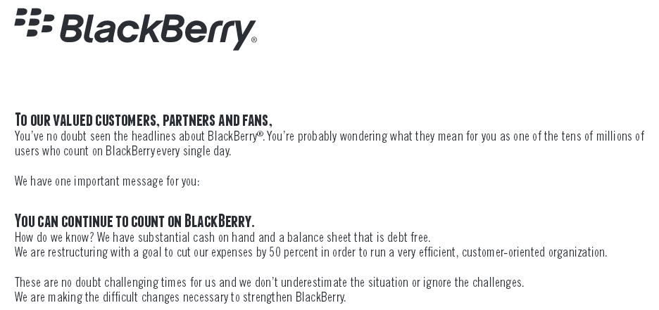 Beginning of BlackBerry's open letter - BlackBerry writes open letter to customers: "You can continue to count on us"
