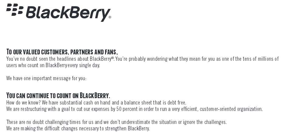 Beginning of BlackBerry&#039;s open letter - BlackBerry writes open letter to customers: &quot;You can continue to count on us&quot;