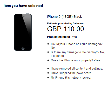 An online price quote for a U.K. trade-in of the 16GB black Apple iPhone 5 - Apple offers iPhone trade-in plan in some European Apple Stores