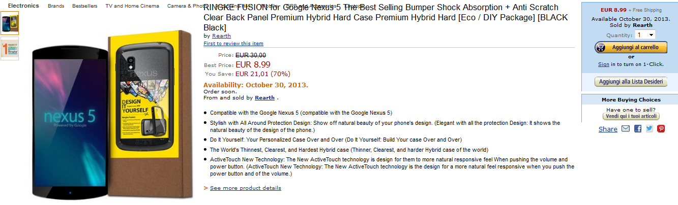 Amazon Italy will ship this rubber bumper for the Nexus 5 on October 30th - Amazon listing of Nexus 5 accessory points to October 30th launch