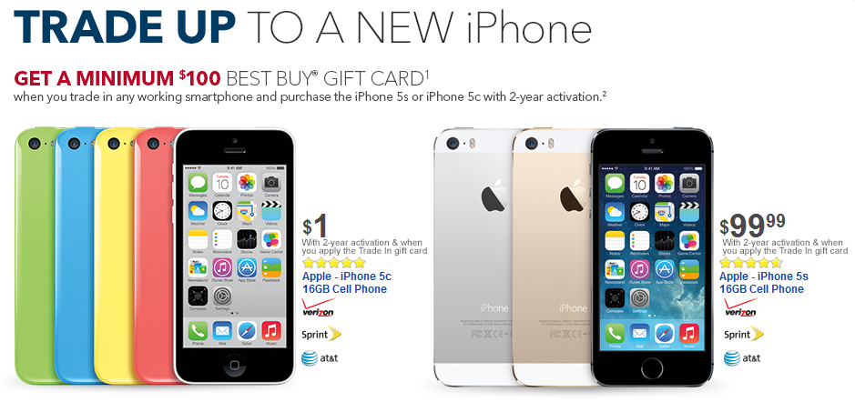 Buy the Apple iPhone 5c for $1 and the Apple iPhone 5s for $99.99 at Best Buy, with a working trade-in and a signed two-year contract - Bring in a trade to Best Buy and buy the Apple iPhone 5c for $1, or the Apple iPhone 5s for $99.99