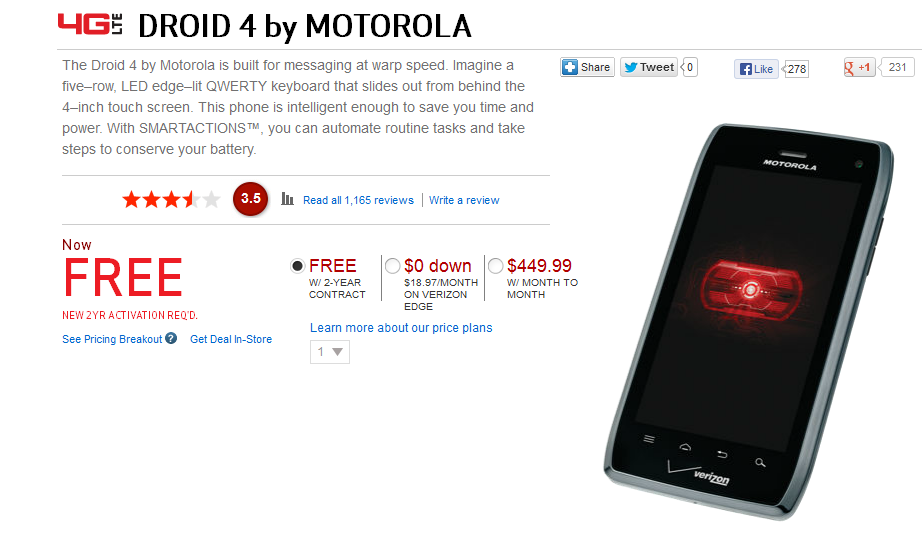 The Motorola DROID 4 is free with a signed pact - Motorola DROID 4 now at the low, low price of Zero at Verizon