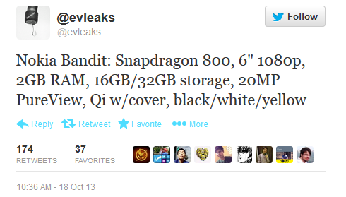 A tweet from evleaks confirms the specs on the Nokia Lumia 1520 - Specs leak once more for Nokia Lumia 1520 phablet