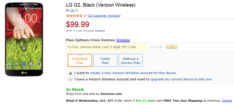 The Verizon (pictured) and AT&amp;T LG G2 are just $99.99 on contract from Amazon - Amazon offering AT&T, Verizon LG G2 for just $99.99 on contract