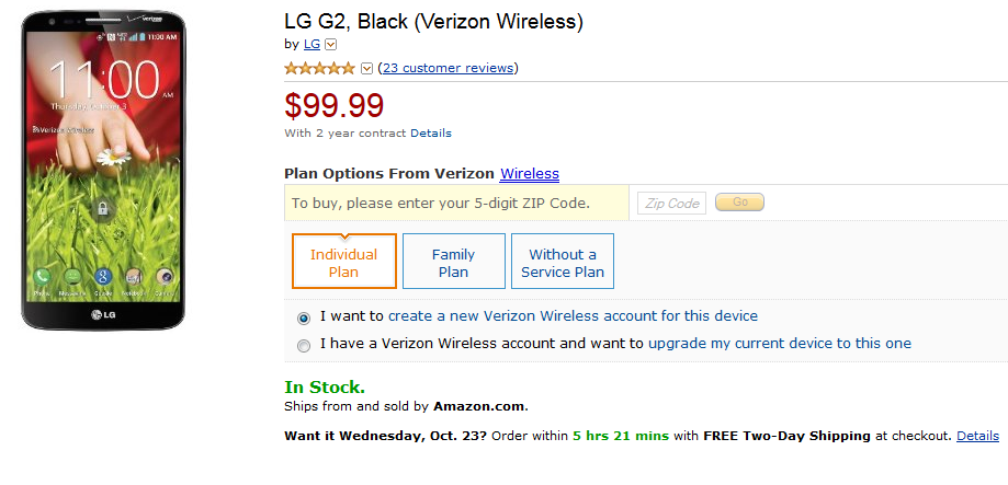 The Verizon (pictured) and AT&amp;amp;T LG G2 are just $99.99 on contract from Amazon - Amazon offering AT&amp;T, Verizon LG G2 for just $99.99 on contract