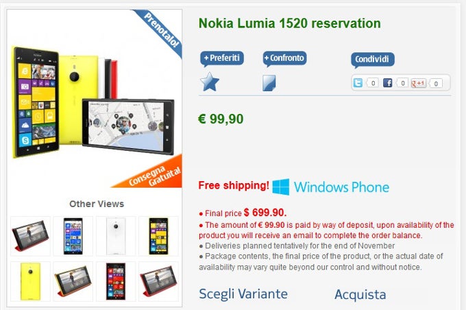 Nokia Lumia 1520 phablet priced officially at € 699.99, release date is in November