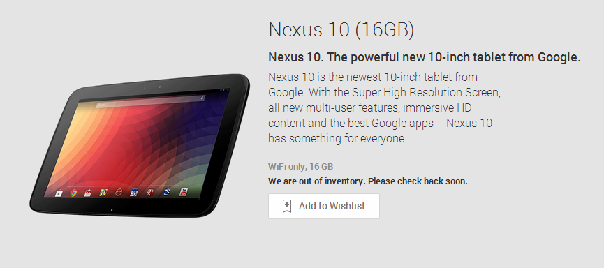 16GB Google Nexus 10 now "out of inventory" on Google Play